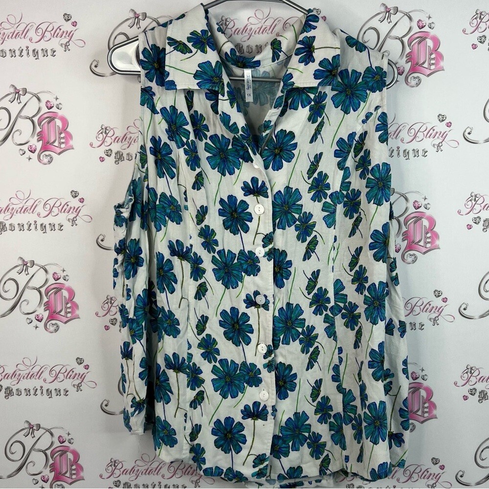 Blue Sky tank top linen and bamboo Floral Button-Up Blouse - Blue and White